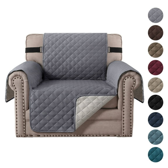SHANNA Sofa Covers for Armchair, Water Repellent Reversible Quilted Sofa Slipcovers, Non Slip Sofa Covers 1 Seater, Furniture Protector with Elastic Strap for Pets Kids Dog Cat, Grey, 1-Seater