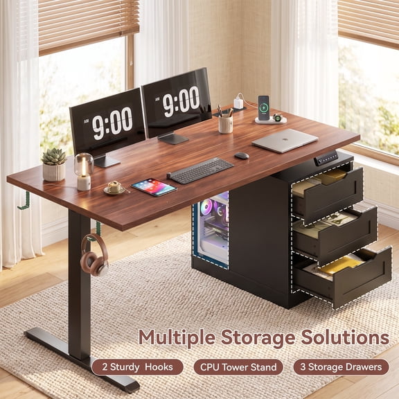 Satifur 55 Inch Electric Standing Desk with Power Outlet, Height Adjustable Computer Desk with 3 Drawers for Home Office, Dark Wood Grain and Black