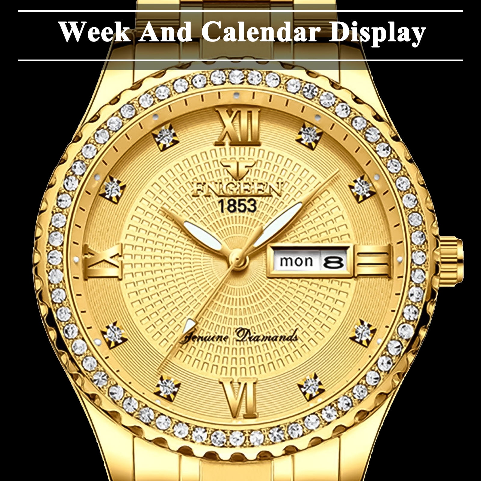 Classic Diamond Gold Watches for Men, Stainless Steel Waterproof Dress Watch, Men's Quartz Analog Wristwatch