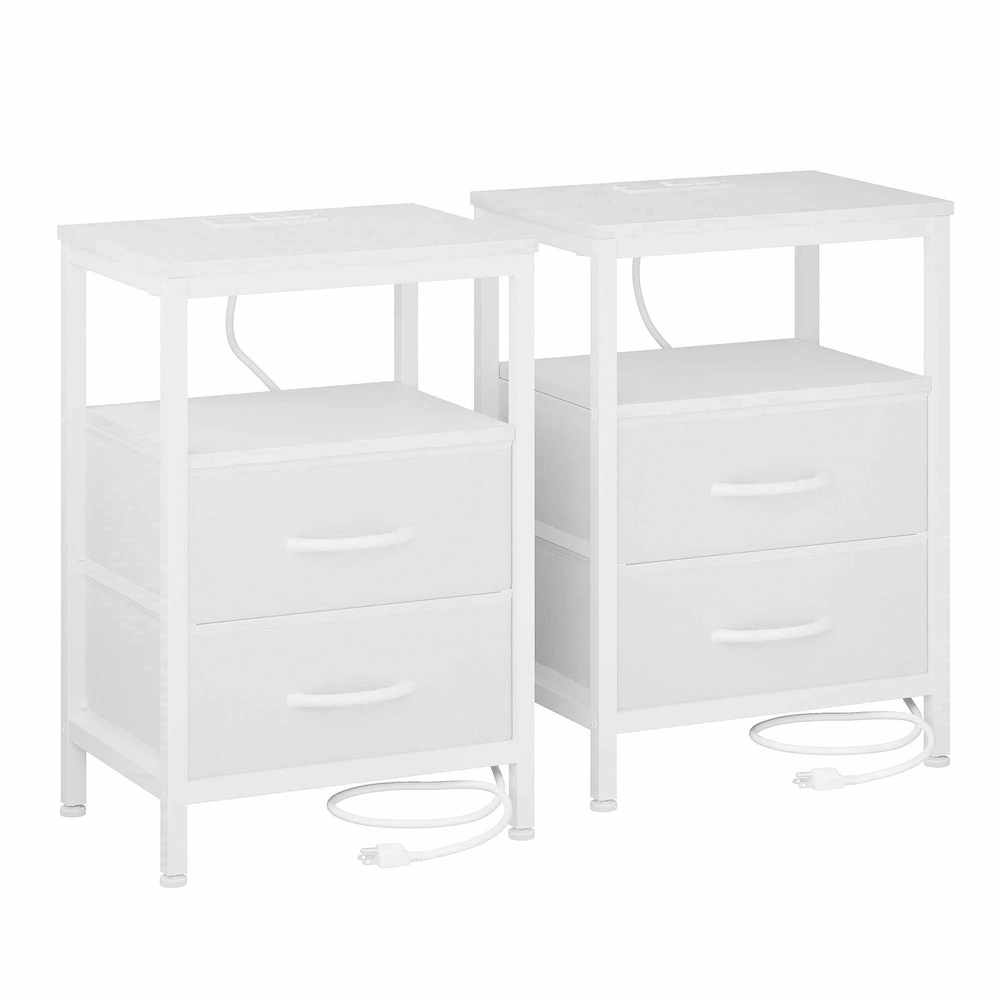 CONCETTA Set of 2 Small Nightstand with Charging Station, 2 Fabric Drawer, End Table with USB Ports and Outlets for Bedroom, White