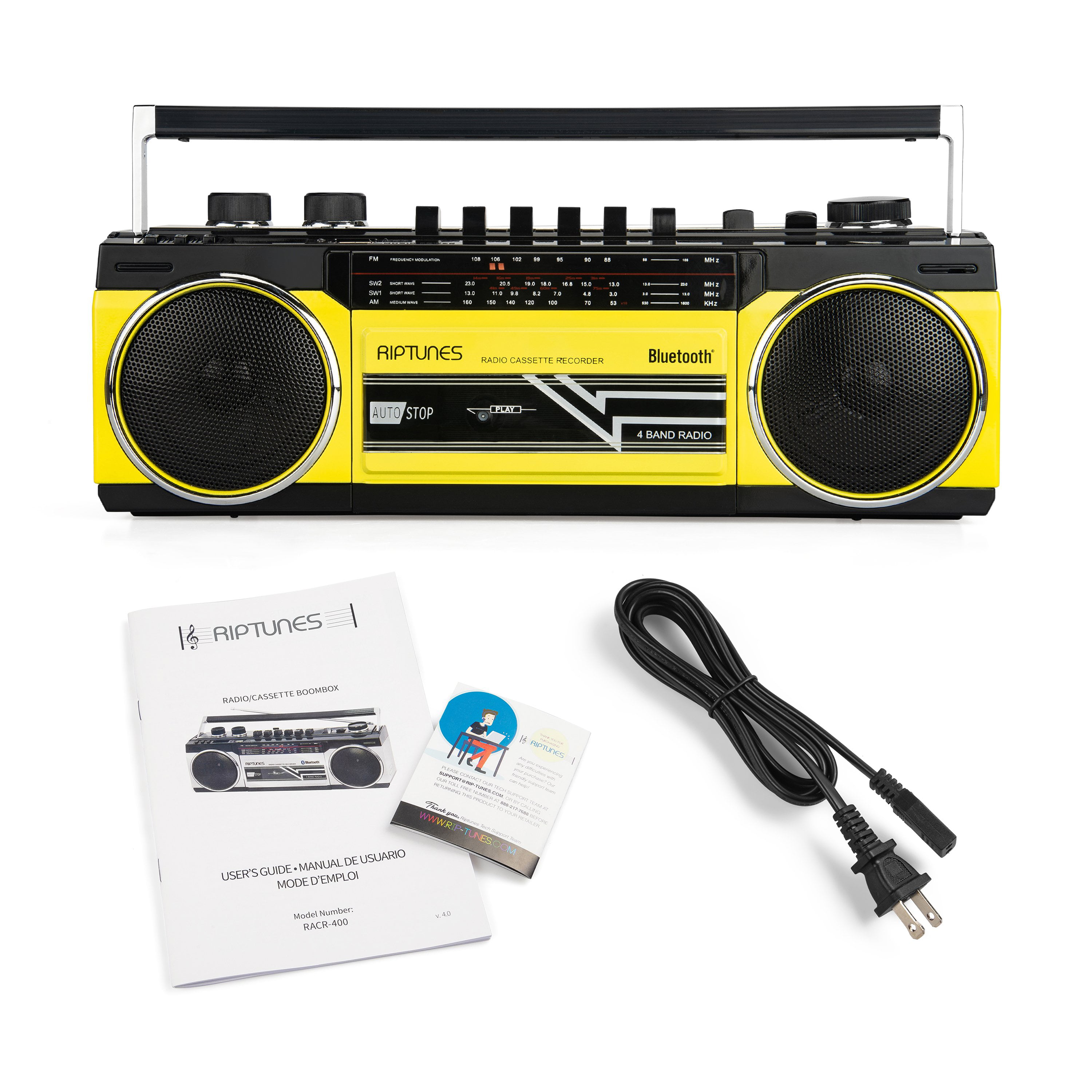 Neueste Ankünfte für 2024 Riptunes Retro Boombox Cassette Player AM/FM/SW1/SW2 Radio Recorder, and Band Radio Blueooth with
