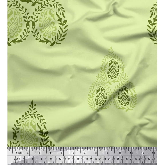 Soimoi Silk Fabric Leaves & Paisley Block Print Sewing Fabric Yard 42 Inch Wide