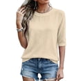 thumbnail image 5 of Linen Texture Blouse for Women, Crew Neck Half Sleeve Loose Tunic - Lightweight Breathable Summer Casual Top Beige L, 5 of 7