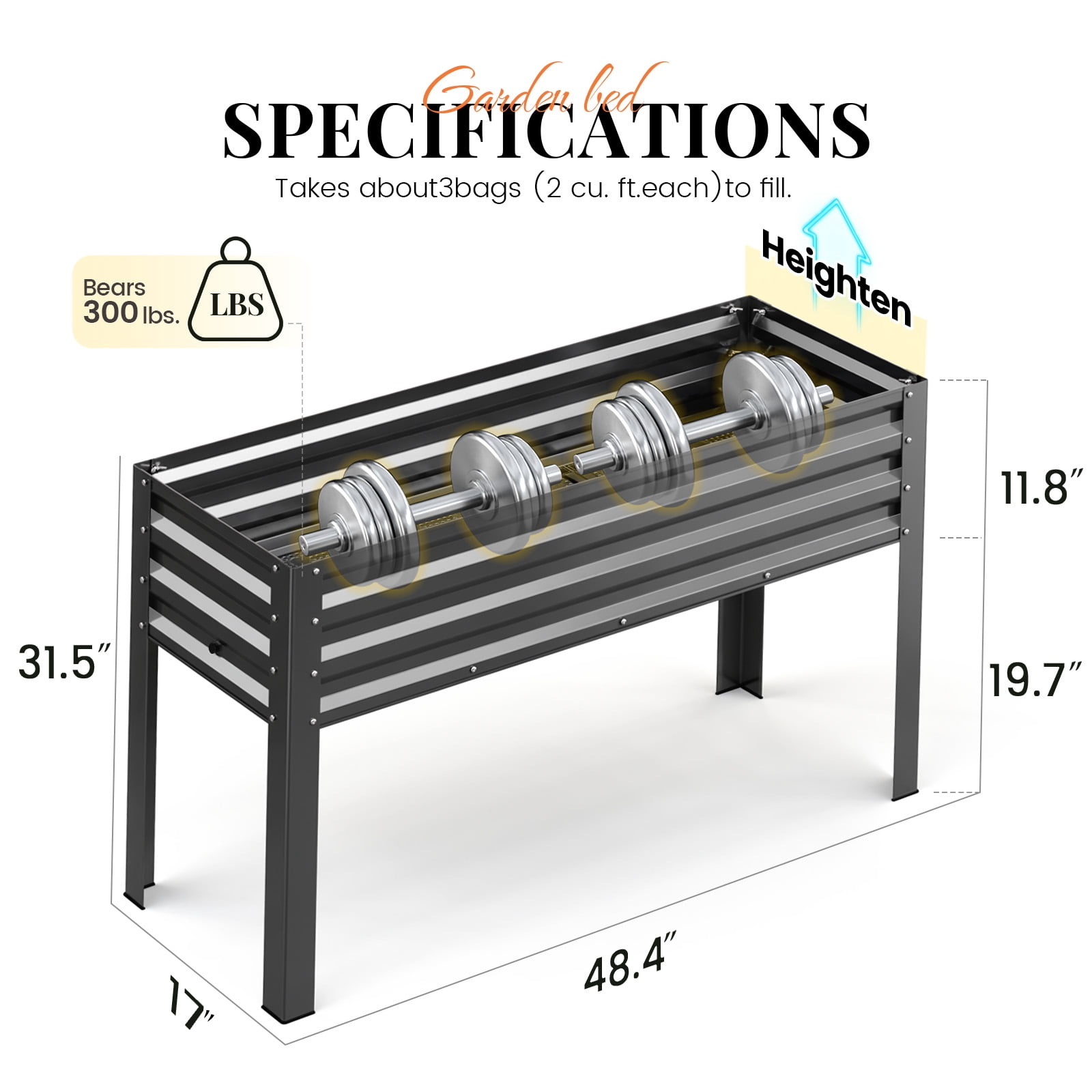 King Bird Galvanized Steel Raised Garden Bed Kit, 48.4"x17"x31.5" Metal Planter Box with Self-Watering Basin Cells, Tall Elevated Garden Bed for Vegetables & Flowers Deep Gray