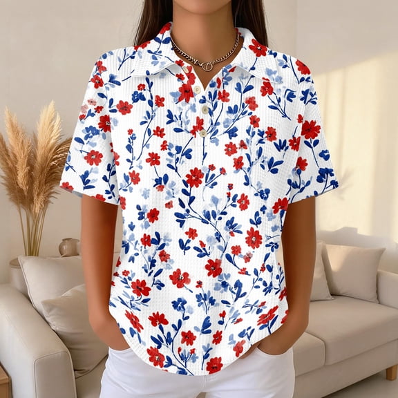 Womens Plus Size Casual Henley Waffle Knit Button-Up Top Short Sleeve Polo Shirt