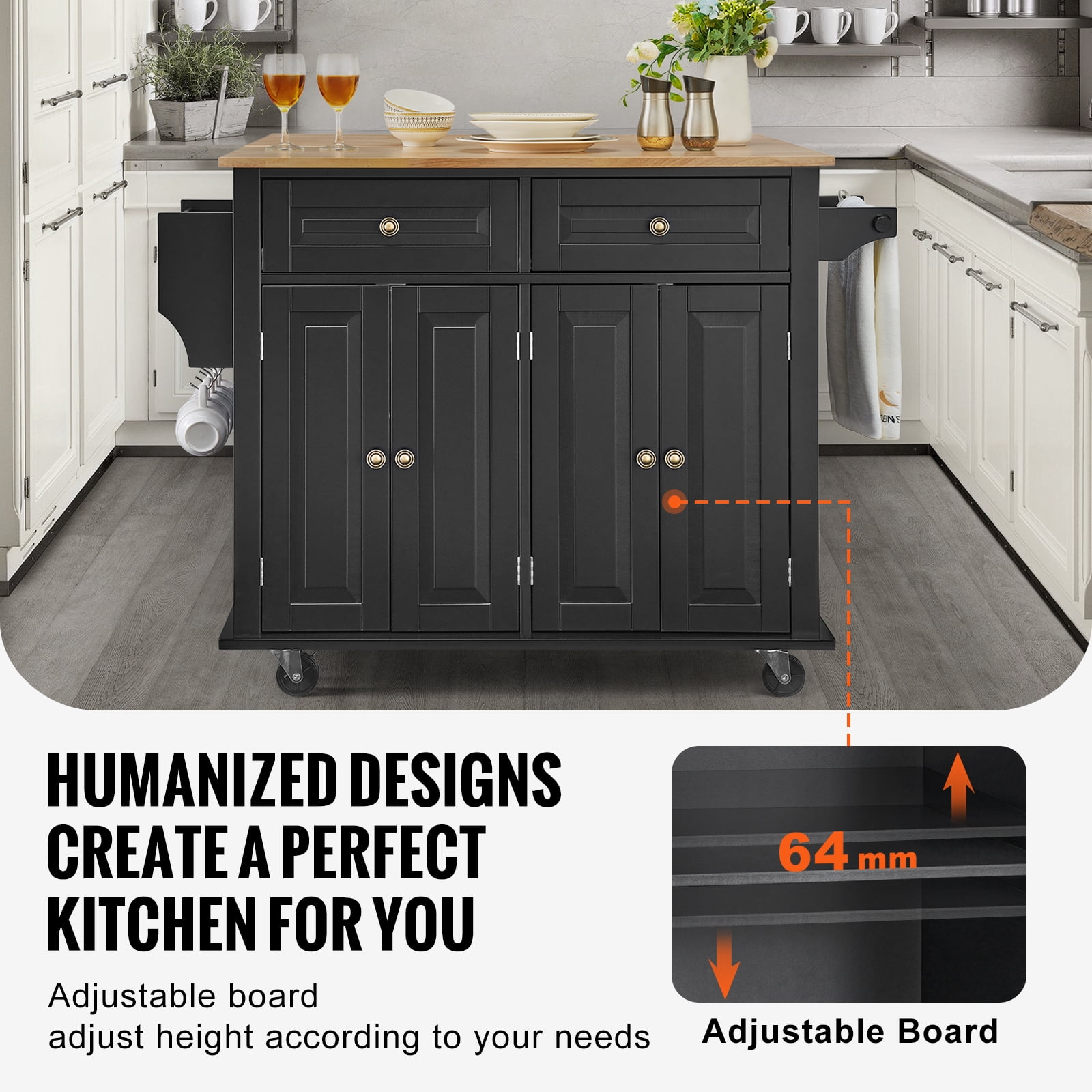 KFFKFF Mobile Kitchen Island, 43" Wooden Surface, Equipped with Cabinet Storage, Extendable Table, Spice Holder, Towel Handle, Single Drawer, and Hooks, Easy-to-Move Casters, in Black