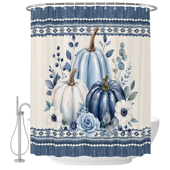 Decorative Shower Curtain Farmhouse Waterproof Bath Shower Curtains Bathroom Accessories Fall Blue Pumpkin Machine Washable Curtain 72x84 Inch for Home Hotel Thanksgiving Eucalyptus Rustic Floral