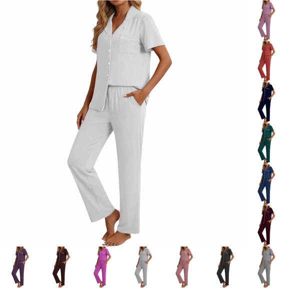 Weebloom Pajama Women Short Sleeve Button Down Pajama Soft Outfit Long Pants Cozy Two Piece Sleepwear Nightwear Pjs Loungewear White 2Xl