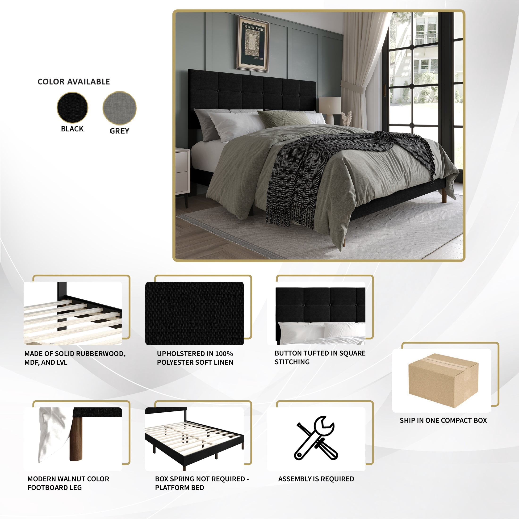 Castle Place Elegant Square Tufted Linen Upholstered Queen Platform Bed, Light Grey