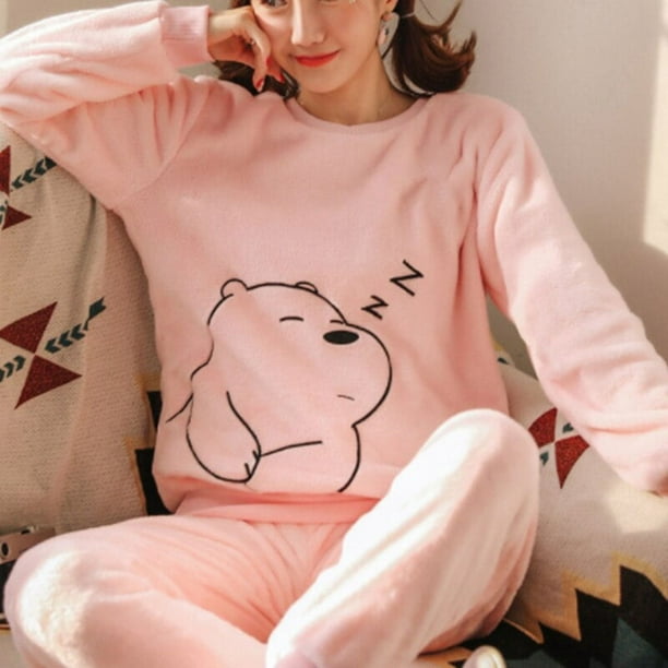 Women Winter Fleece Pajama Sets Sleepwear Cute Cartoon Flannel Pajamas  Velvet Soft Warm Long Sleeve Top+Pants 2PCs Set Homewear