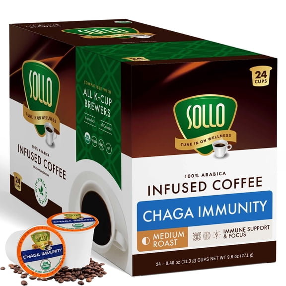 SOLLO Chaga Mushroom Infused Coffee Pods, Boost Focus & Immunity, Memory & Clarity, Medium Roast, Compatible With 2.0 K-Cup Keurig Brewers, Organic by USDA, No After Taste, 24 Ct