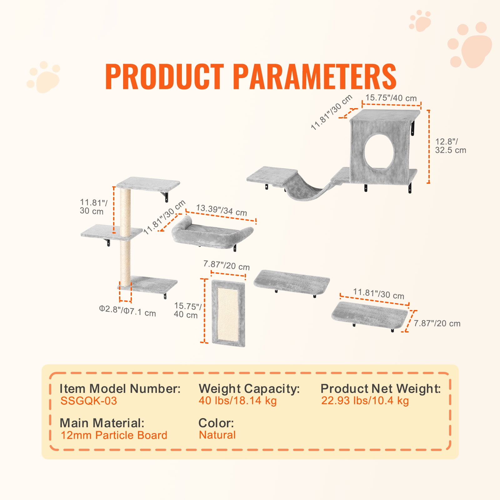 KFFKFF Cat Wall Mounts, Set of 6, Includes Jump Platforms, Hammock, Couch, Cat Tower & Grip, Cat Play and Rest Furniture, Supports up to 40 lbs, Ideal for Sleep, Play, and Climb