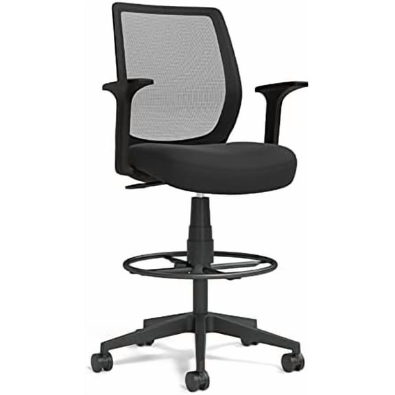 Staples Essentials Ergonomic Office Desk Chair, Breathable Mesh, Swivel Drafting Stool with Footrest, Adjustable Height, Black$$