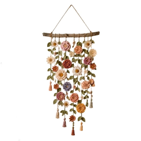 Handmade Crochet Flower Wall Hanging, 1-Pack 20x32 Inch Floral Macrame Banner, for Farmhouse Living Room and Bedroom Decor, bldnkj