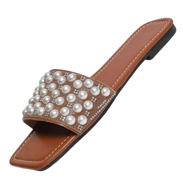 WLOELOEW Square Toe Flat Slide Slippers For Women With Pearl Strap Soft Lazy Indoor Outdoor Slides Synthetic Upper Available In Us Size 9 (Foot Length: 10.24 Inches)