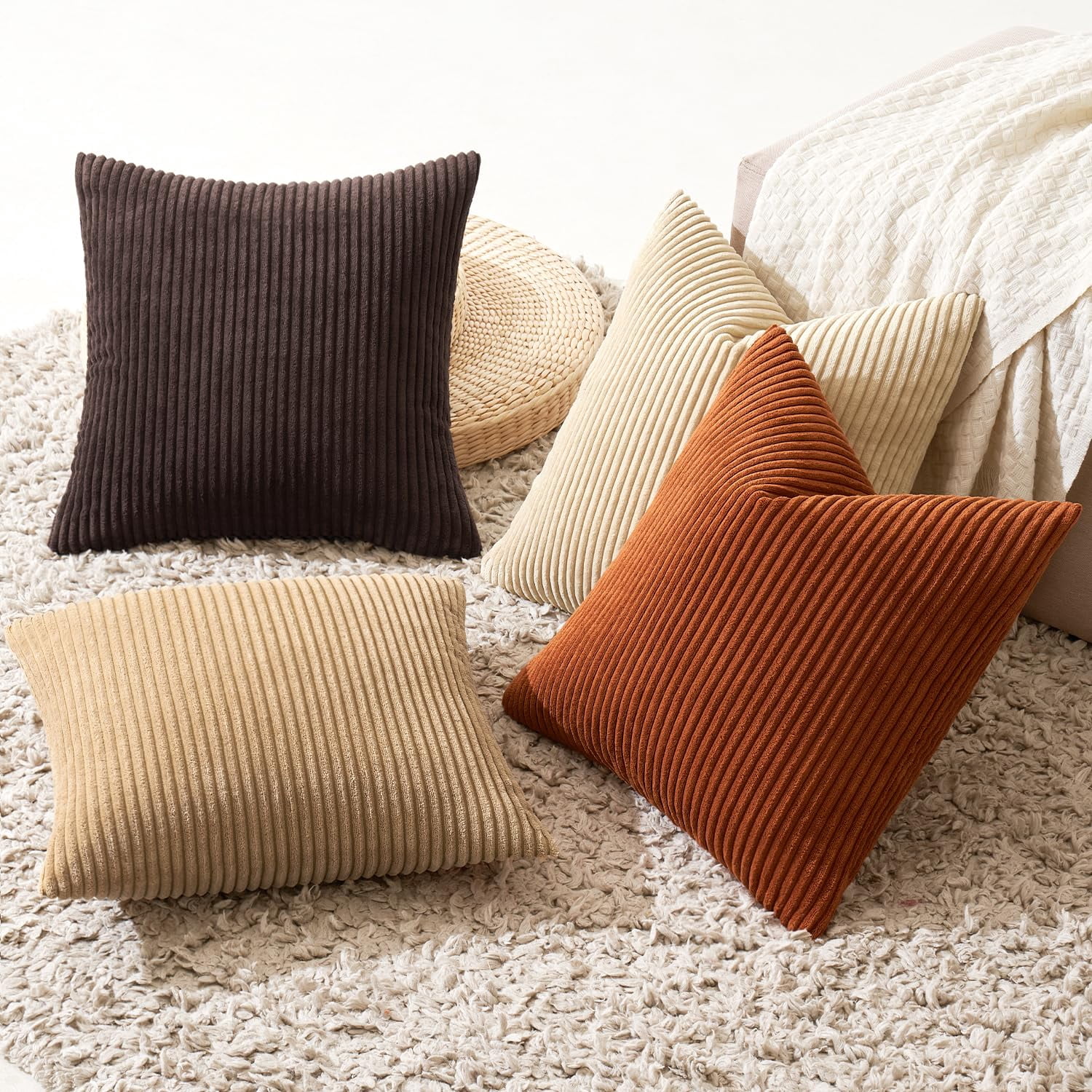 Boho Farmhouse Throw Pillow Covers 18x18 Inch Set Of 4 Rustic Mordern Neutral Cushion Soft Corduroy Nordic Home Decor For Couch Bed Sofa Living Room Chocolate Brown/rust