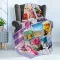thumbnail image 4 of Colorful Soft Flannel Fleece Blanket, Collage of Different Photos on Wooden Background Flowers Macaroons Pastries Beach, Cozy Plush for Indoor and Outdoor Use, 50" x 70", Multicolor, by Ambesonne, 4 of 5