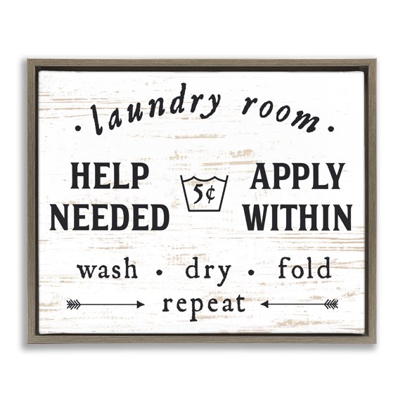 Stupell Industries Laundry Room Help Needed Typography Painting Brown Floater Framed Canvas Art Print Wall Art, 21 x 17