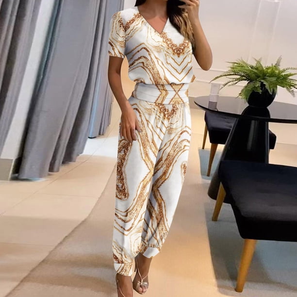 ICHUANYI Clearance Fashion Woman Round Neck Pattern Solid Short Sleeve Blouse +Loose Pockets Pants Sets(Gold, XXL) ICHUANYI WER2023080813504