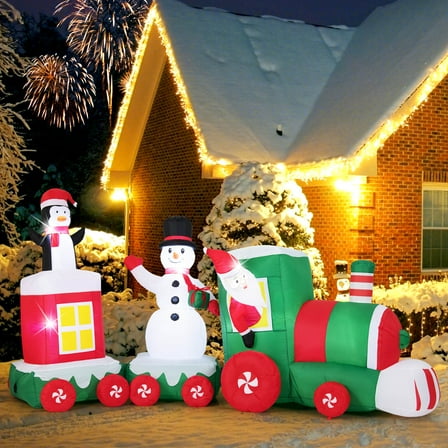 Costway 11.5 FT Christmas Inflatables Train with Snowman Penguin Built-in LED Lights