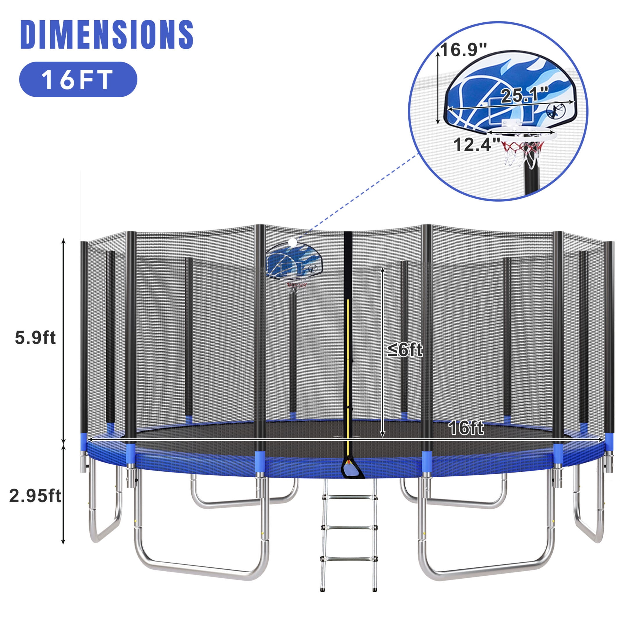 Noble House 16FT Outdoor Trampoline for Kids with Safety Net, Basketball Hoop and Ladder, Blue Metal Frame