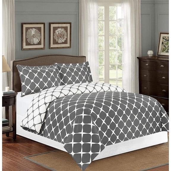 3-Piece Milano Trellis Pattern 2-Tone Printed Reversible Duvet Cover Set