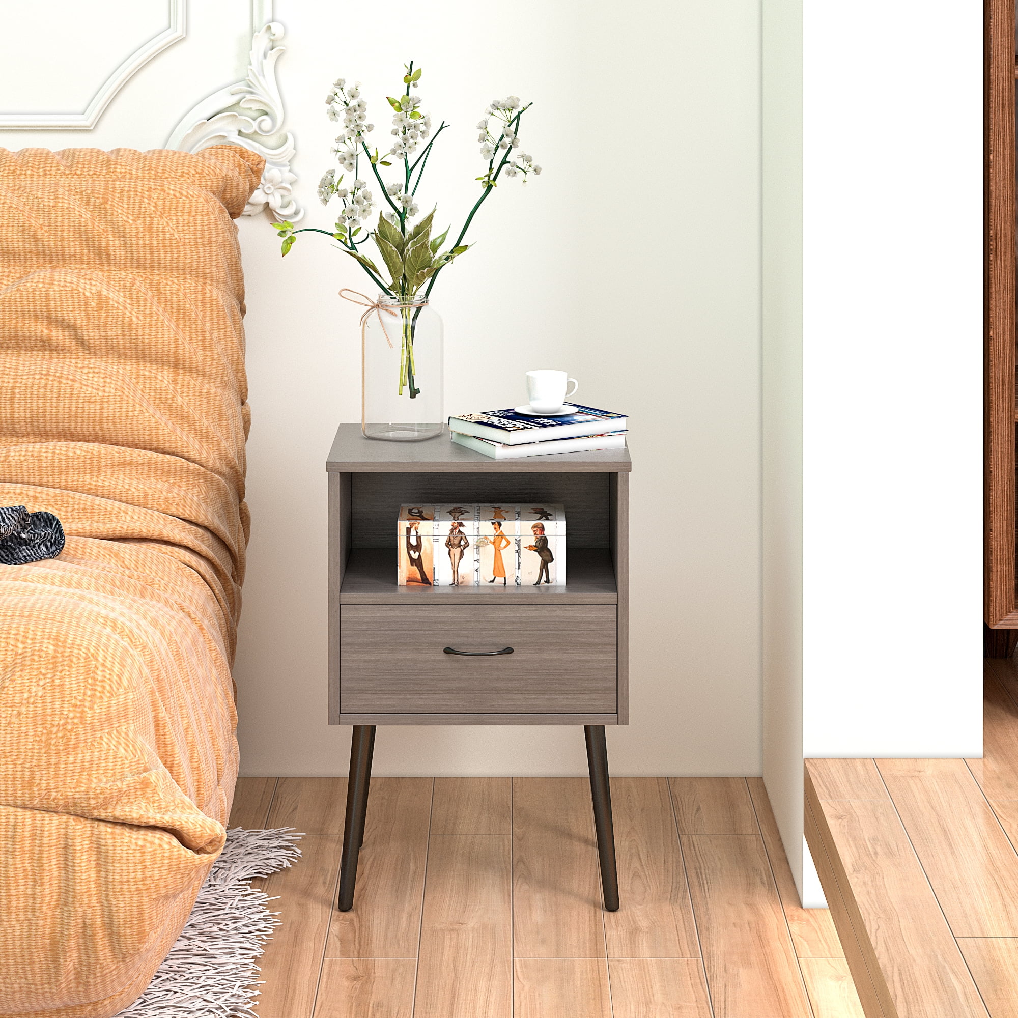 2 Set of Nightstand, Modern Style Bedside Table With Storage Drawers And Open Wooden Shelves, Suitable For Living Rooms, Bedrooms And Small Spaces