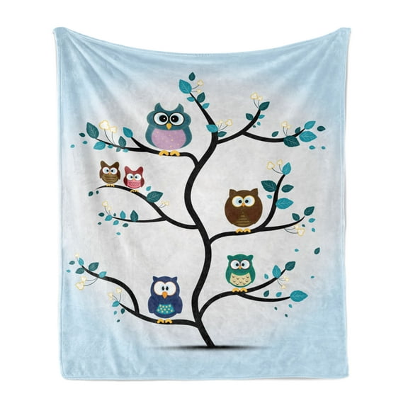Owl Soft Flannel Fleece Blanket, Owl Family Perched a Tree Love Grace Nocturnal Eyed Night Animals in the Nature Print, Cozy Plush for Indoor and Outdoor Use, 70" x 90", Multicolor, by Ambesonne