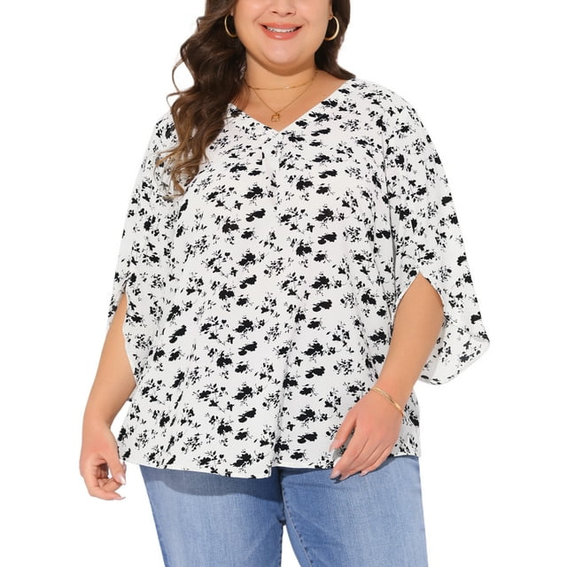 Blusa de gasa de mujer plus size Agnes Orinda, con cuello en V, manga 3/4, estilo casual de verano, talla 3X, color blanco