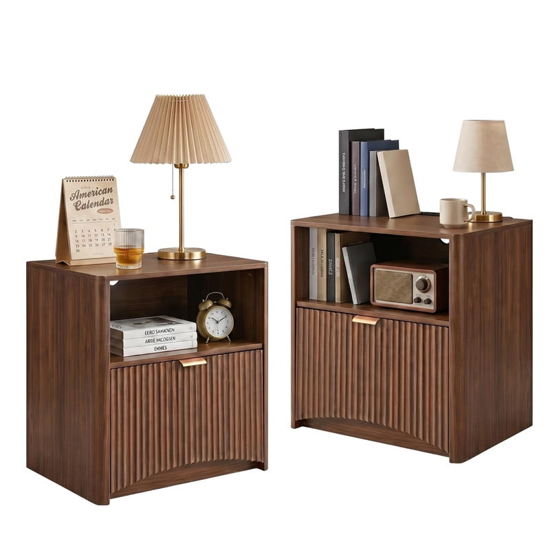 Set of 2 Mid-Century Modern Bedside Table with Charging Station, Storage Nightstand with Open Shelf and Large Fluted Drawer