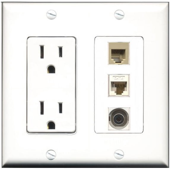 RiteAV - 15 Amp Power Outlet 1 Port Phone Beige 1 Port 3.5mm 1 Port Cat6 Ethernet Ethernet White Decorative Wall Plate