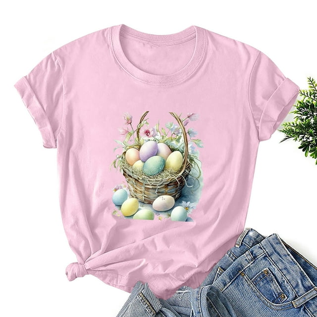 EGNMCR T-Shirt de Pâques Chemises pour Femmes Imprimé de Pâques T-Shirt Décontracté Imprimé à Manches Courtes pour Femme Haut T-Shirt à Manches Courtes Col Rond Hauts/chemises T-Shirt pour Femmes