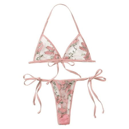 Xiaoxatg Womens Lingerie Sexy Lingerie For Women Embroidered Mesh Sheer Non Padded Bra & V Strings Womens Lingerie Set Underwear Lingerie for Woman Sexy plus Size