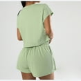 thumbnail image 6 of Scyoekwg Summer Two Piece Shorts Sets For Women Short Sleeve Round Neck Tops Shorts Trendy Tracksuit Solid Color Casual Loose Sweatsuits Sets Matching Sets (Green,L), 6 of 7