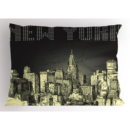 - New York Pillow Sham Grunge Pop Art Style Retro NYC Sky with Iconic Empire States Building City Print, Decorative Standard King Size Printed Pillowcase, 36 X 20 Inches, Grey Yellow, by Ambesonne