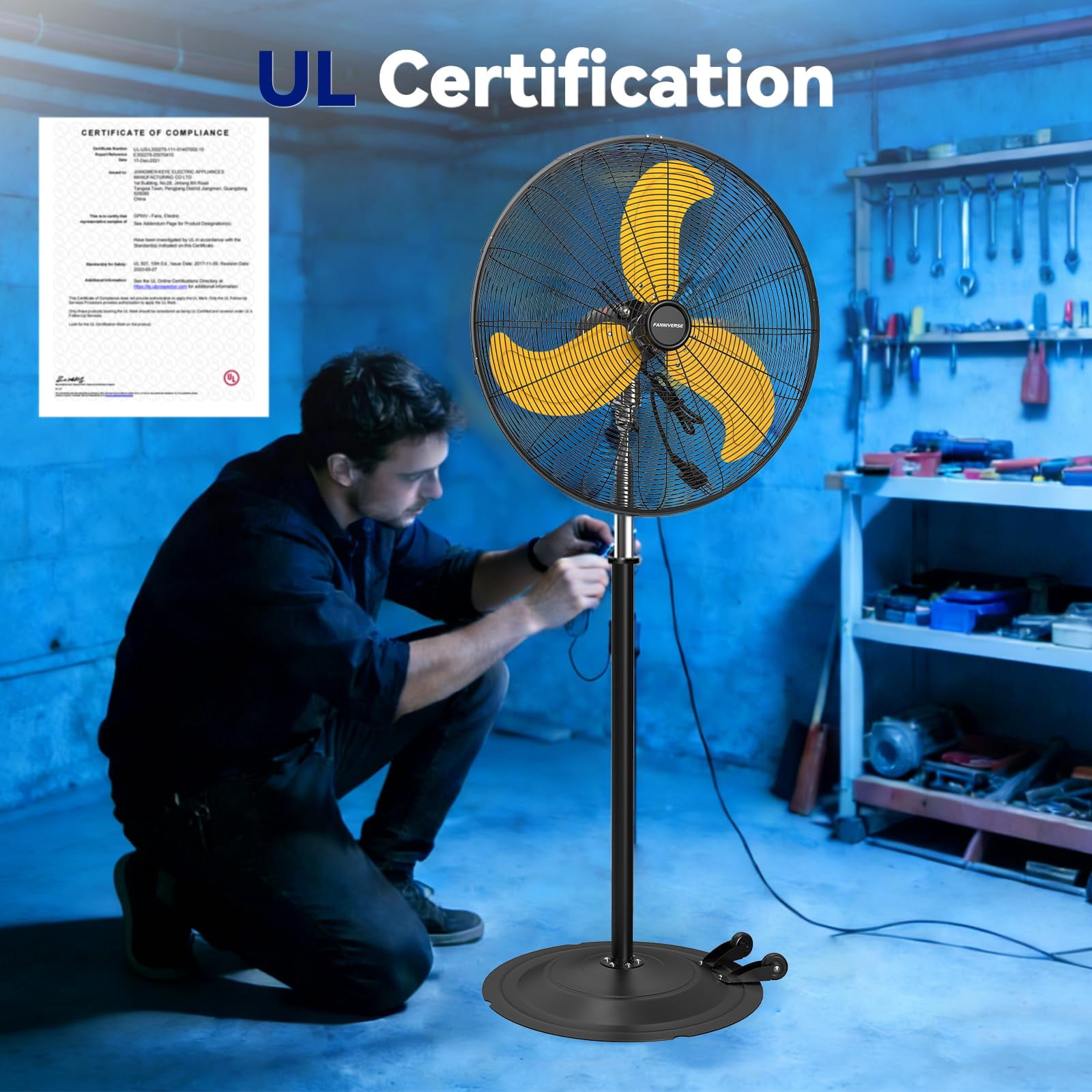 30" Heavy Duty Industrial Floor Fan with Wheels, 3-Speed 9500 CFM High Velocity Standing Fan for Commercial and Garage - Aluminum Blades
