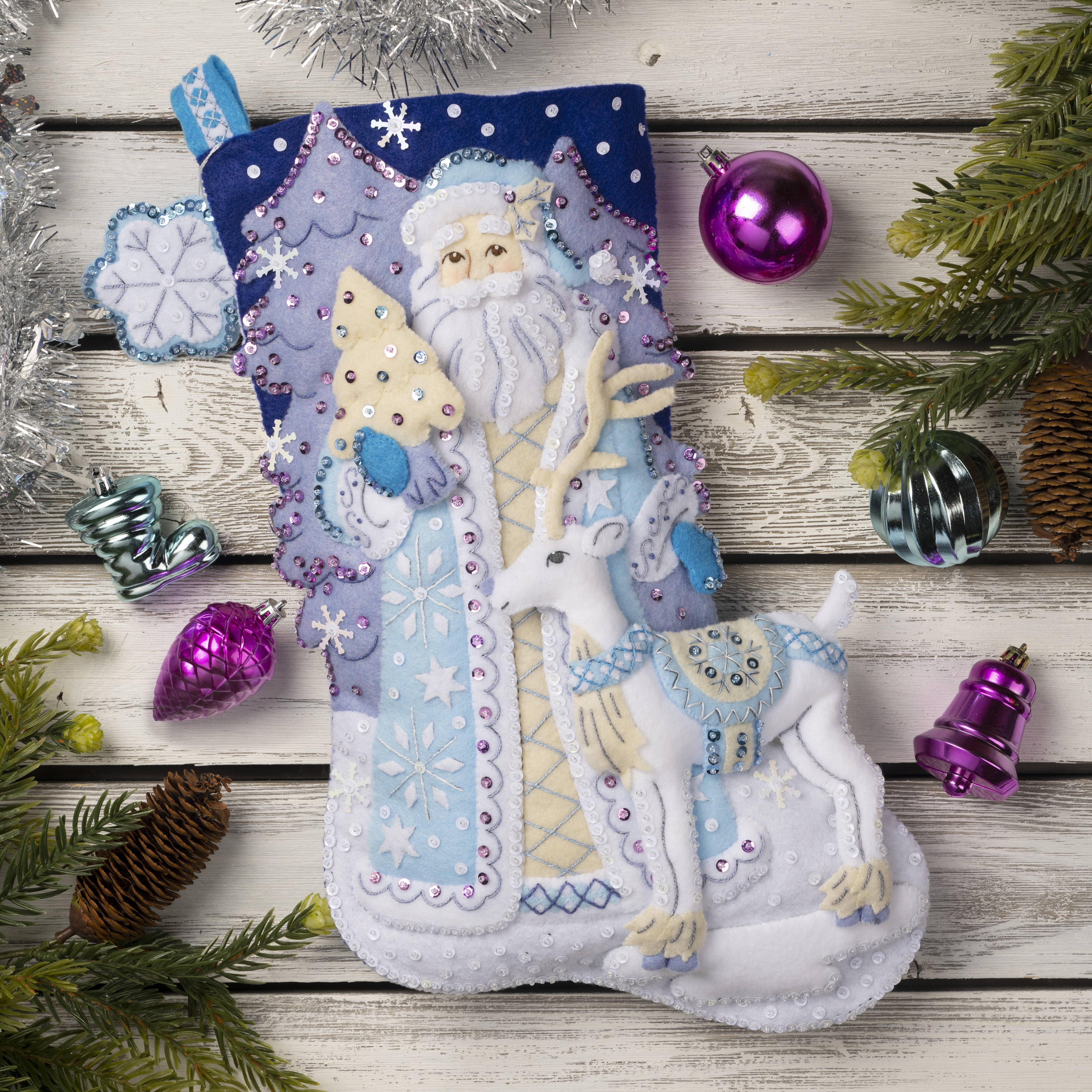 New Bucilla Felt Stocking Kit 83202 Decorating Santa & Snowman 18” Diagonal