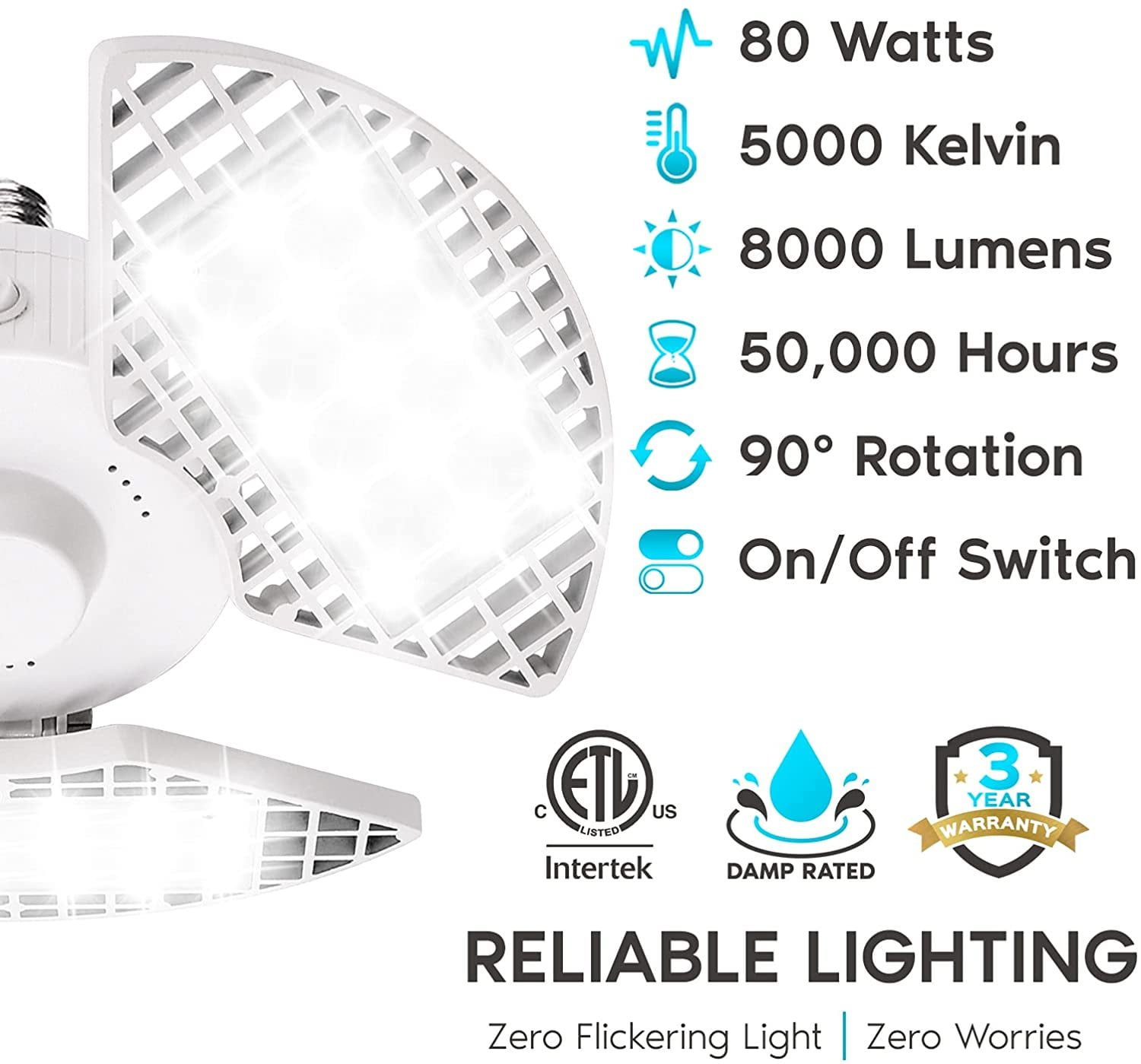 Luxrite LED Garage Light 80W 8000 Lumens Deformable 5000K Bright White E26 Screw In Shop Light Adjustable
