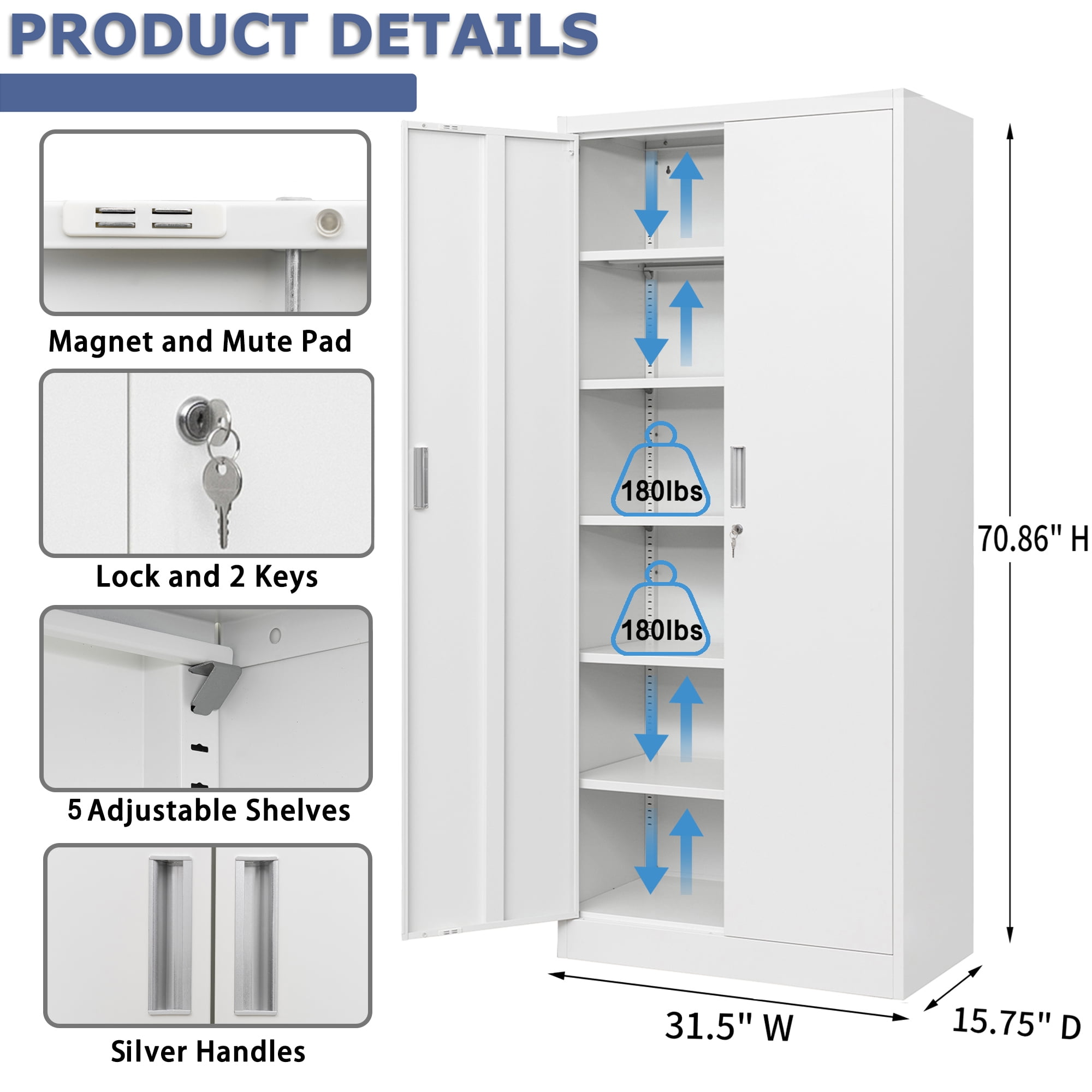 Metal Storage Cabinet, 71" H Locking Cabinet with 5 Adjustable Shelves, Garage Cabinet for Office, Home, Pantry-White