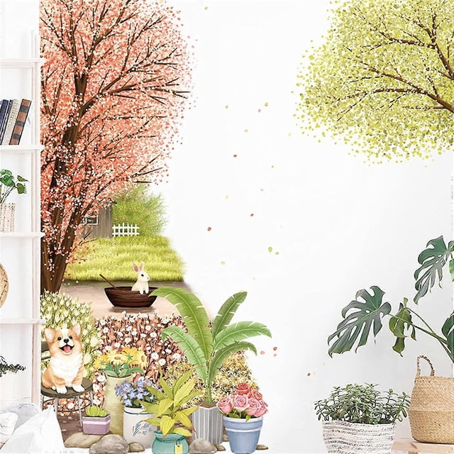 Calcomanías de pared con margaritas, flores, árboles, hojas verdes, enredaderas, gatos, para sala de estar, dormitorio, sofá, TV, fondo, arte decorativo (cerezo y corgi)