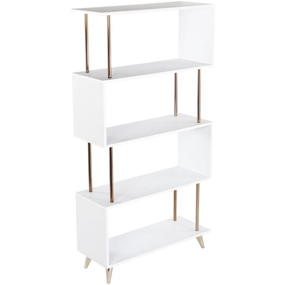 Maklaine Modern Wooden 4 Shelf Bookcase in White and Champagne