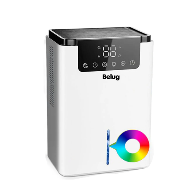 deshumidificador eléctrico inteligente doméstico 2000 ml belug blanco deshumidificador Belug blanco, vista frontal con pantalla LED y botones táctiles en la parte superior; carcasa ABS rectangular con rejillas laterales, asa integrada y depósito extraíble de 2 L con indicador luminoso; luz nocturna automática de 7 colores mostrada como círculo multicolor; portátil para dormitorio, baño, guardarropa o autocaravana, y a menudo usado para proteger ropa y papeles de la humedad.