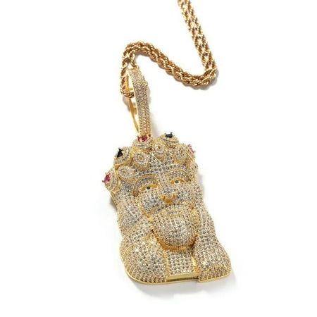 14K Gold Finish Simulated Diamond Custom Iced Out Bling Holy Jesus Christ Face Religious Charm Pendant Necklace, Birthday Gift, Gift For Him