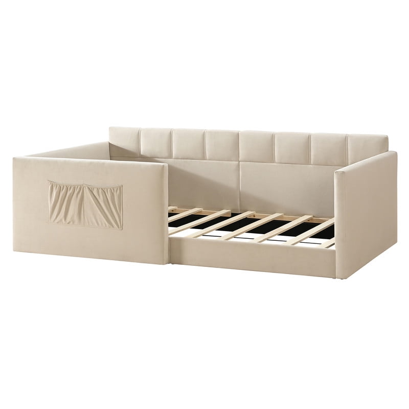 Twin Size Velvet Daybed with 2 Storage Pockets, Upholstered Guest Sofa Bed Frame with High & Padded Backrest