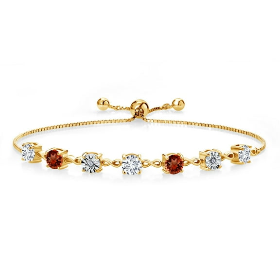 Gem Stone King 3.51 Ct and E-F Lab Grown Diamond Red Garnet 18K Yellow Gold Plated Silver Tennis Bracelet for Women (Fully Adjustable up to 9 inch)