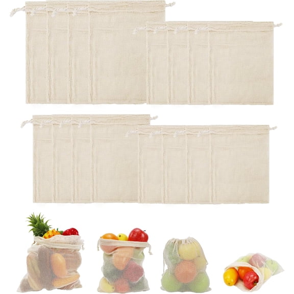 TPBSITNS 16 Pack Reusable Produce Bags, Mesh Vegetable Grocery Bag Washable, 100% Cotton Drawstring Net Storage Bags for Refrigerator, Shopping, Veggies and Fruits, Beach, Transporting, (4 Size)