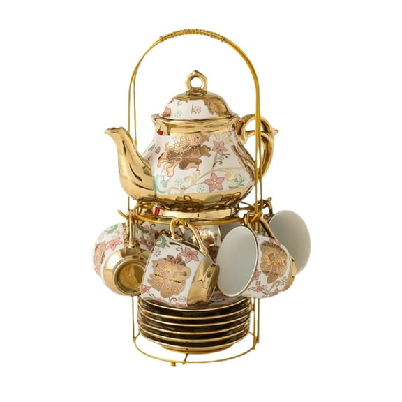Fiocias Porcelain Tea Set Coffee Cup/teacup, Saucer, Spoons, Teapot and Storage Rack for