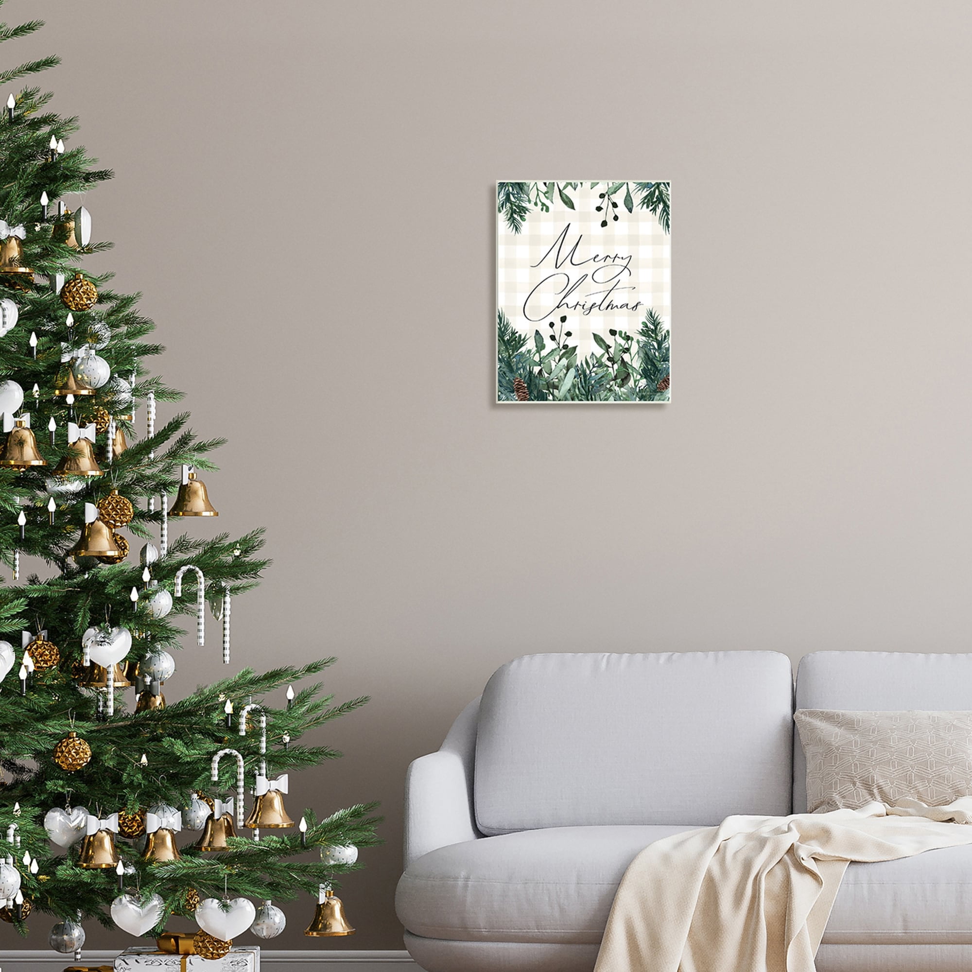 Merry Christmas Script Gingham Pinecone Botanicals Border Botanical & Floral Graphic Art Unframed Art Print Wall Art