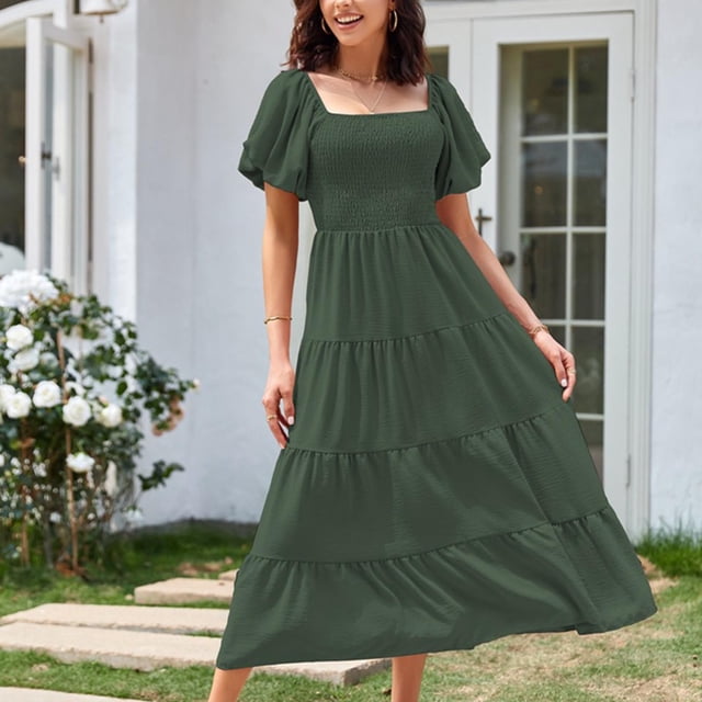 Fankiway Robe d'Été Décontractée pour Femmes Col Plissé Manches Courtes Couleur Unie Grande Taille Robes pour Femmes Rondes Printemps 9470