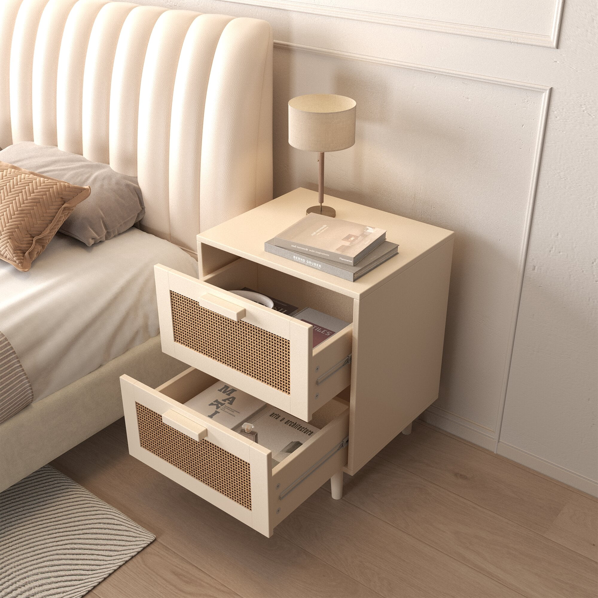 Yoneston Rattan Nightstand with 2 Drawers, Storage Bedside Accent Table End Table for Bedroom, Dorm and Small Spaces, Off-White